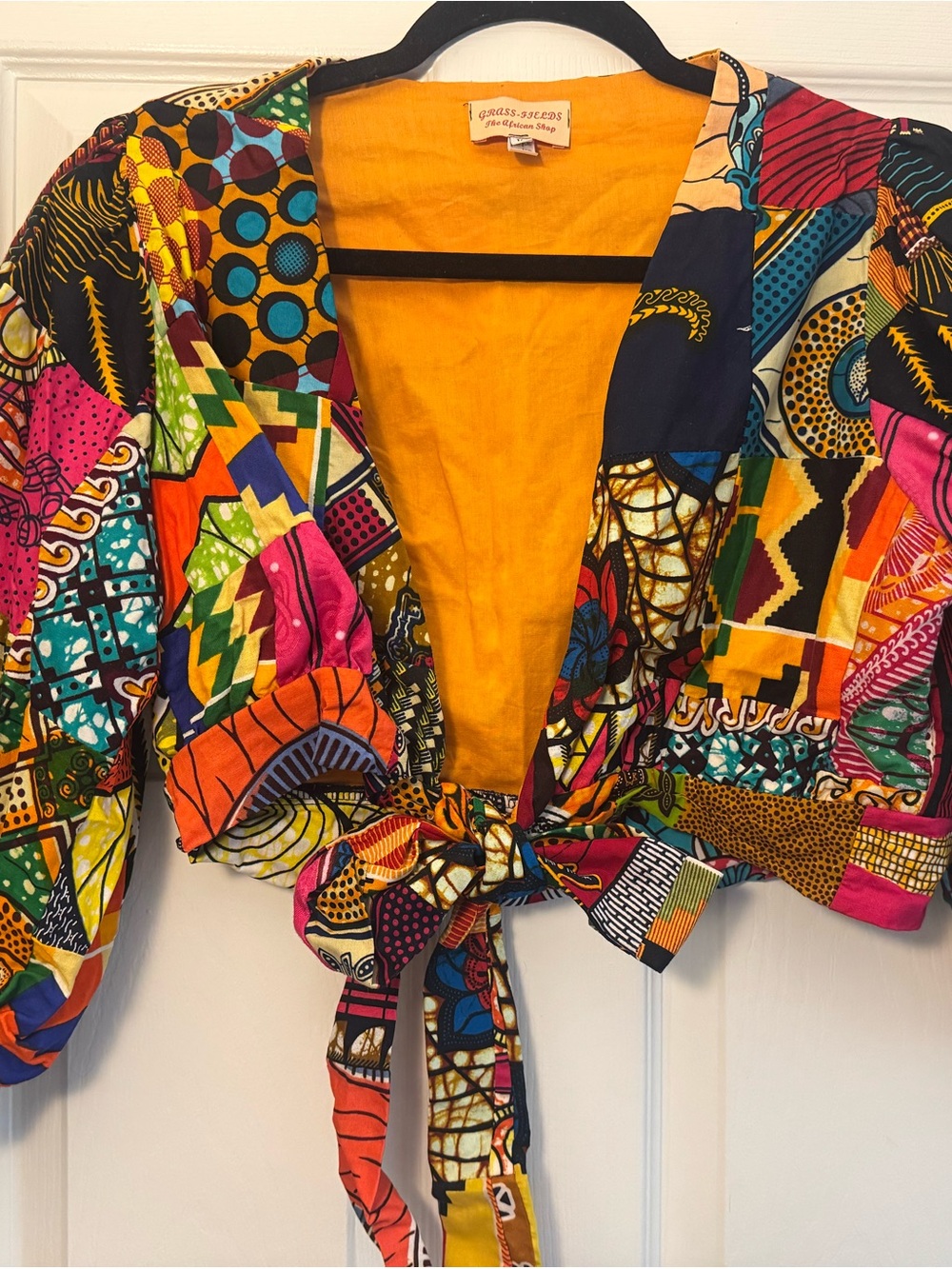 Colorful Patchwork Tie-Front Blazer - Yellow Lined